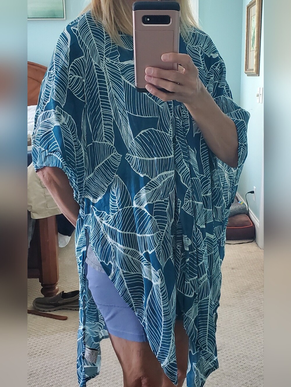 Aqua Blue Leaf Print Kimono Cover-Up